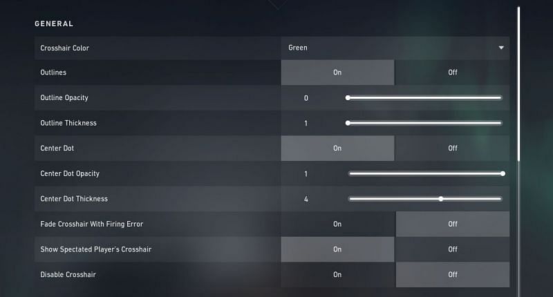 General crosshair settings (Screengrabbed from Valorant)