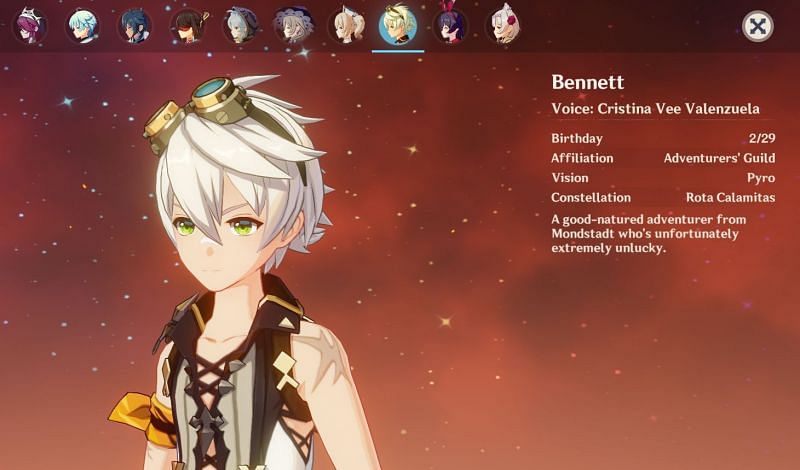 Bennett&rsquo;s profile page in Genshin Impact