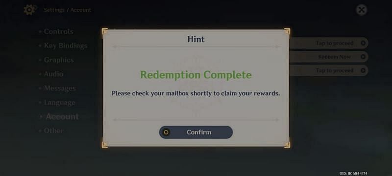 Confirmation message for successfully redeeming the code (Image via Genshin Impact)