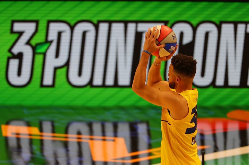 Stephen Curry #30 of the Golden State Warriors competes in the 2021 NBA All-Star - MTN DEW 3-Point Contest