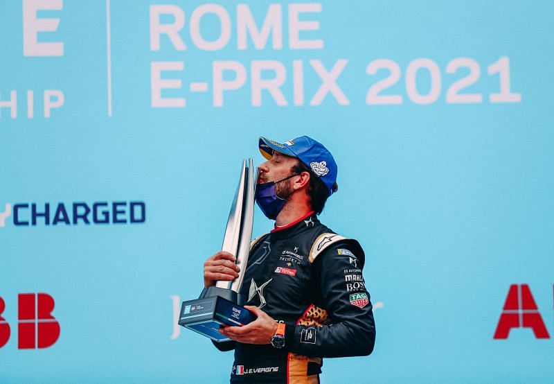 Jean-&Eacute;ric Vergne celebrates his win in Round 3 in the Rome E-Prix. (Photo courtesy Formula E)