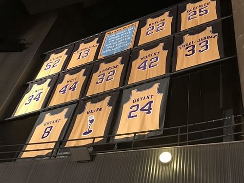 LA Lakers - Retired Jerseys in the rafters of Staples Center.