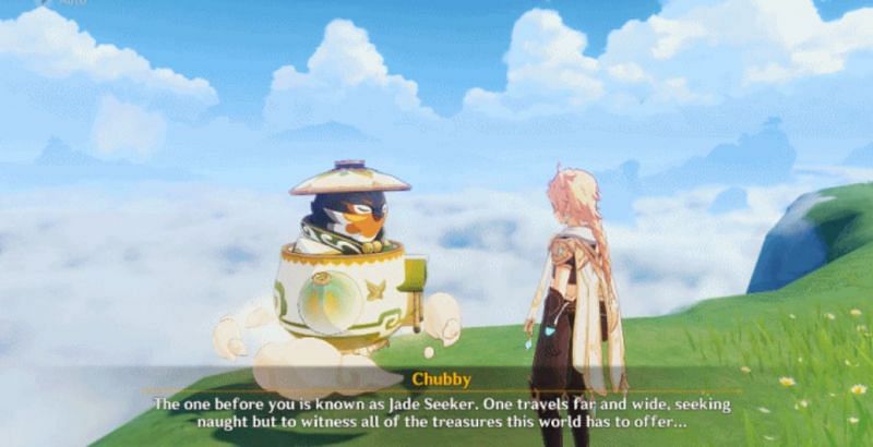 The Traveler speaking with Chubby the Teapot Traveling Salesman in Genshin Impact (image via miHoYo)