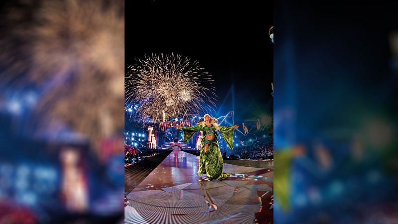 Charlotte Flair made a spectacular entrance during her RAW Women&#039;s Championship match at WrestleMania 33 (Credit = WWE Network)