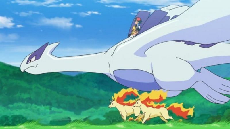 Ash Ketchum riding on the back of a Lugia (Image via The Pokemon Company)