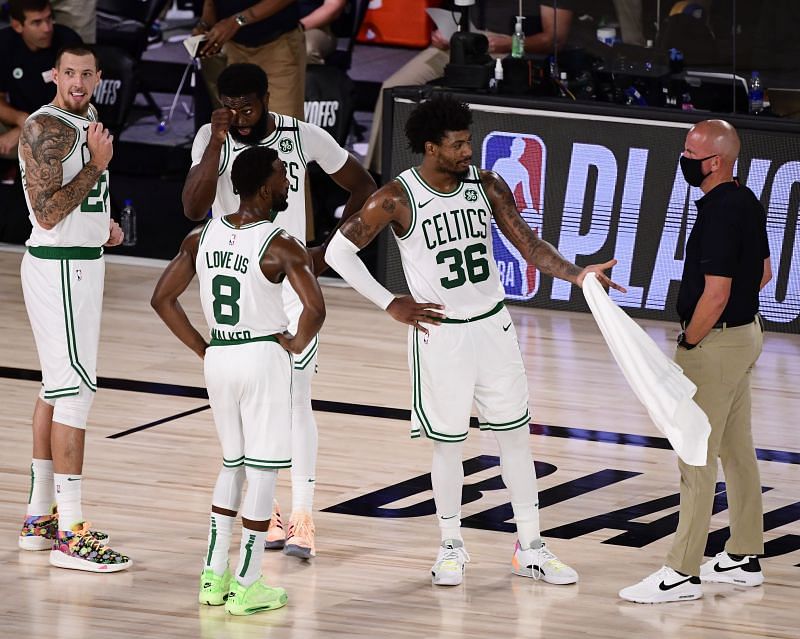 Jaylen Brown and Kemba Walker in action for the Boston Celtics.