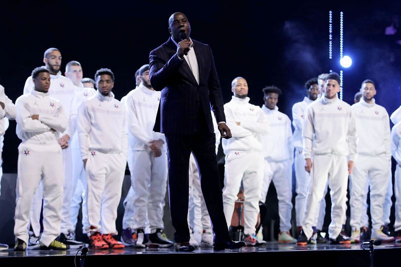 Magic Johnson speaks to the crowd before the 69th NBA All-Star Game at the United Center on February 16, 2020