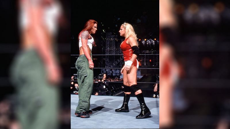 Trish Stratus, Lita, and Jazz faced off for the Women&#039;s Championship at WrestleMania X8 (Credit = WWE Network)