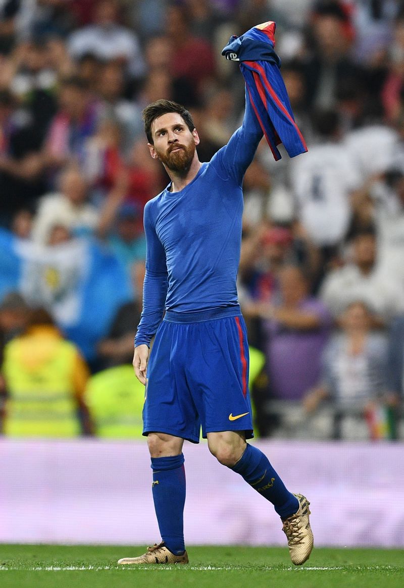 Lionel Messi celebrates his 500th Barcelona goal at the Santiago Bernabeu in April 2017