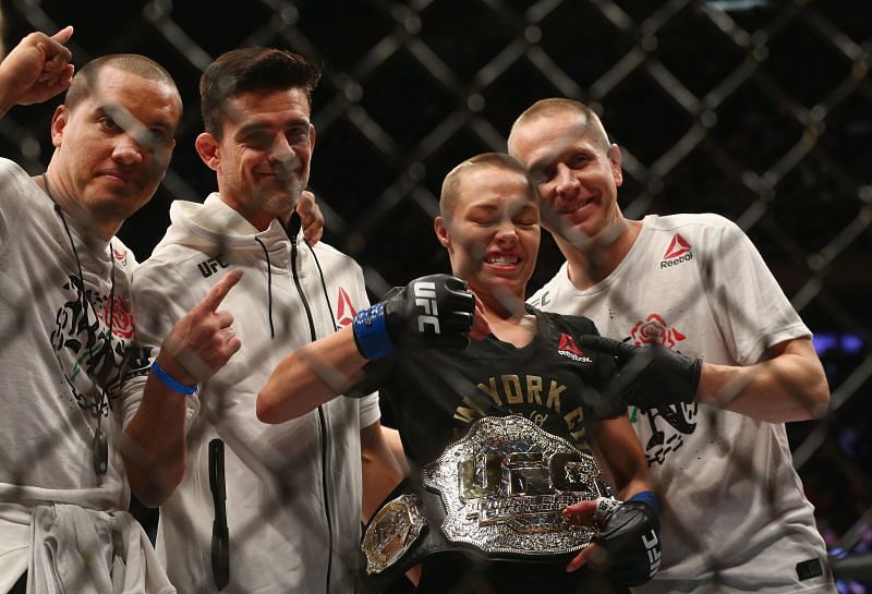 Rose Namajunas celebrates her title win at UFC 217