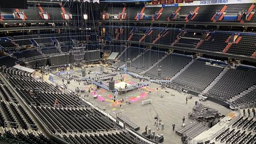 Crew setting up the arena before AEW's first-ever weekly show.