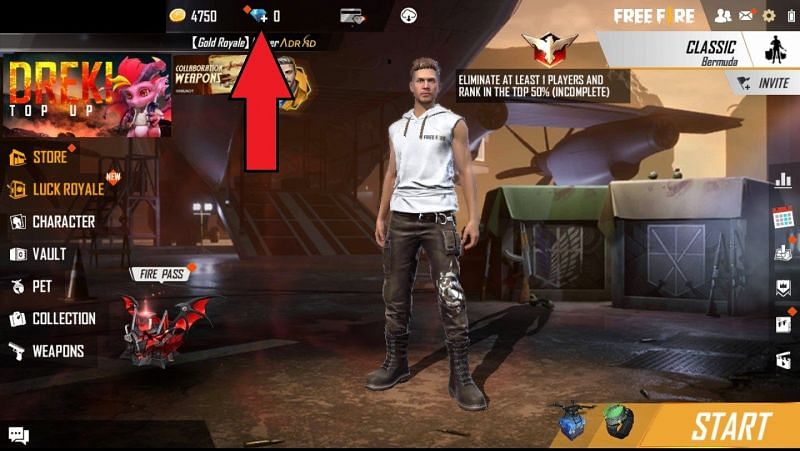 Players have to click on the diamond icon to visit the in-game Top Up Center