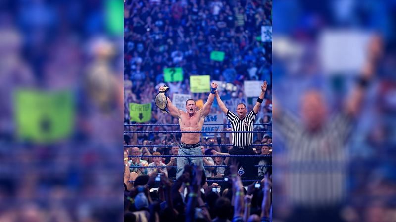 John Cena defeated Edge and The Big Show to become the World Heavyweight Champion at WrestleMania XXV (Credit = WWE Network)