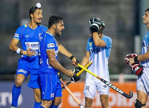 Harmanpreet Singh celebrates after scoring India's second goal against Argentina (Source: HI)