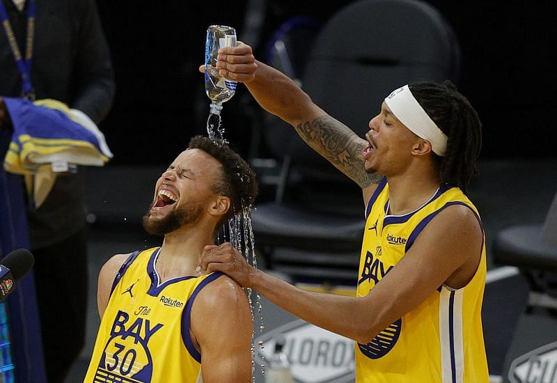 Stephen Curry showered with water after posting a career-high 62 points