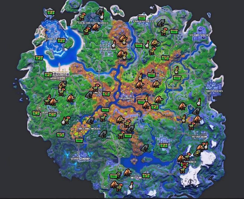 Players can come across meat or peppers in these locations in Fortnite. Image via Fortnite.gg