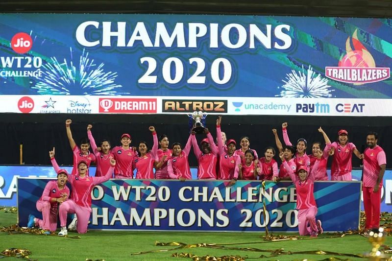 The Trailblazers celebrate their maiden Women&#039;s T20 Challenge title (2020)