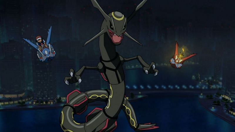 A shiny Dragon/Flying-type Rayquaza in the anime (Image via The Pokemon Company)