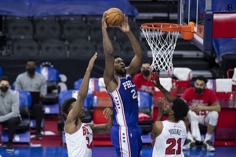 NBA MVP hopeful Joel Embiid soars in for a dunk