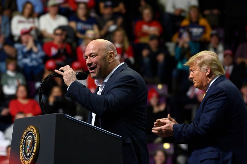 Dana White speaks at the Republican National Convention with Donald Trump standing beside him