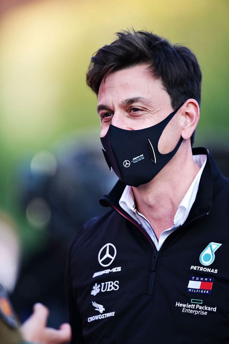 Mercedes boss Toto Wolff talks to the media after qualifying ahead of the 2021 Imola GP (Photo by Peter Fox/Getty Images)