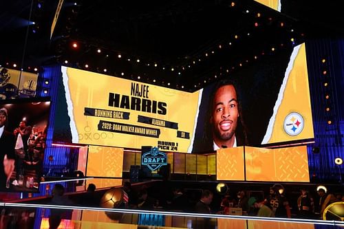 NFL Commissioner Roger Goodell announces Najee Harris as the 24th overall pick by the Pittsburgh Steelers during the 2021 NFL Draft on April 29, 2021, in Cleveland, Ohio