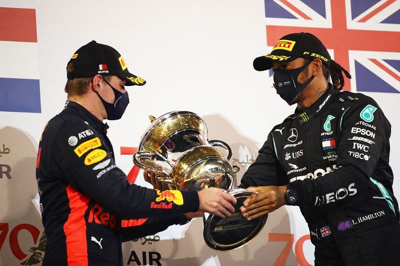 Max Verstappen and Lewis Hamilton at the 2021 Bahrain Grand Prix . (Photo by Bryn Lennon/Getty Images)