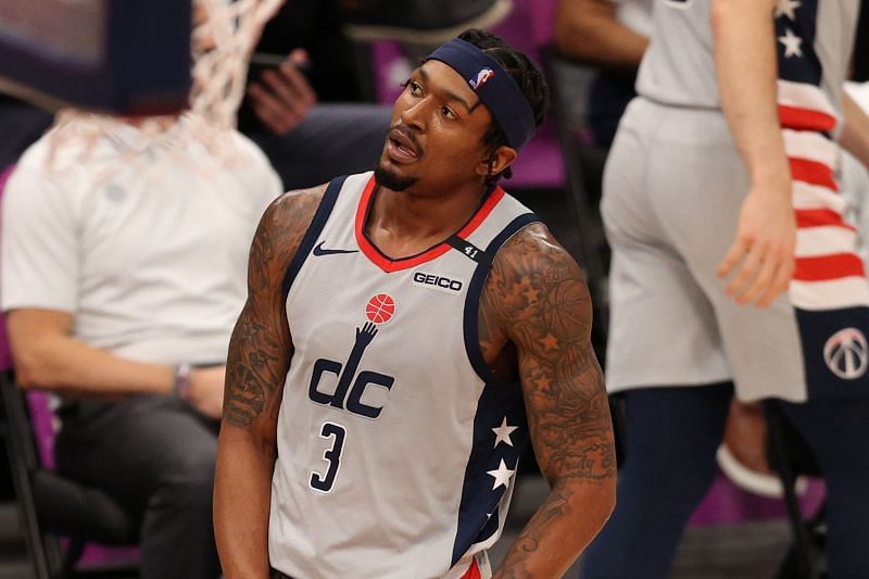 The Washington Wizards&#039; Bradley Beal #3 reacts against the Utah Jazz