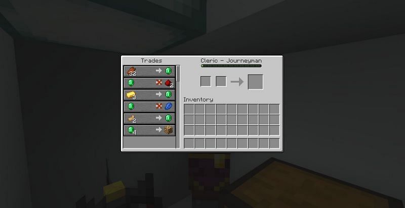 A journeyman-level cleric trades one glowstone for four emeralds (Image via Minecraft)