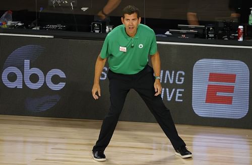 Boston Celtics head coach Brad Stevens on the touchline.