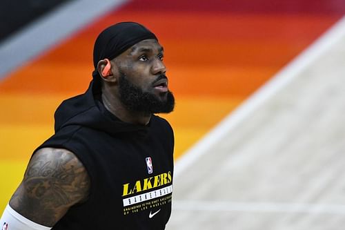 LeBron James #23 warms up before a game against the Utah Jazz.