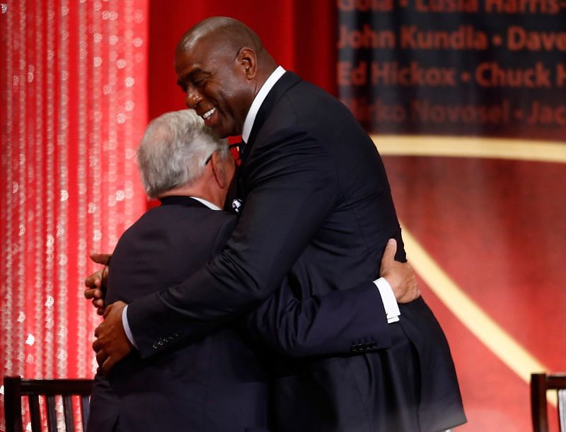 David Stern is hugged by Earvin &#039;Magic&#039; Johnson during the 2014 Basketball Hall of Fame Enshrinement Ceremony