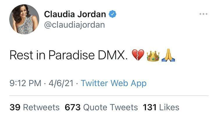The now-deleted tweet about DMX by Claudia Jordan