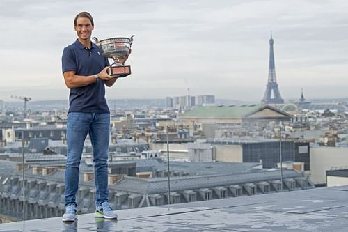 Rafael Nadal with the 2021 Roland Garros trophy