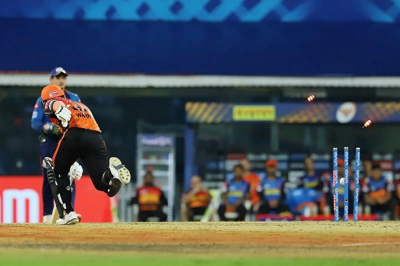 David Warner is run-out during match 9 of IPL 2021. Pic: IPLT20.COM