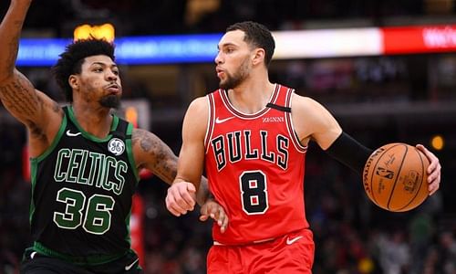 Zach LaVine of the Chicago Bulls and Marcus Smart of the Boston Celtics