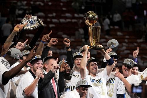 The Dallas Mavericks celebrate after winning the 2011 NBA title.