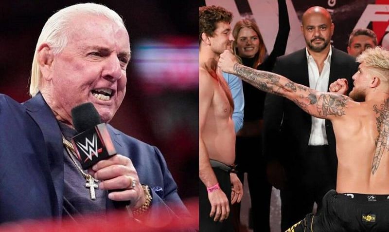 Ric Flair (left); Weigh-in face-off between Ben Askren and Jake Paul (right)