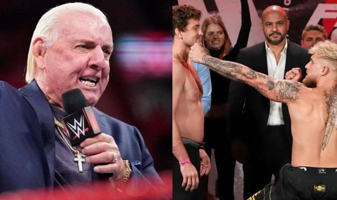 Ric Flair is refereeing a slapping match on the undercard of the Jake Paul vs Ben Askren event