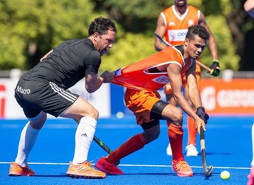 Shilanand Lakra in action against Argentina. (Source: HI)