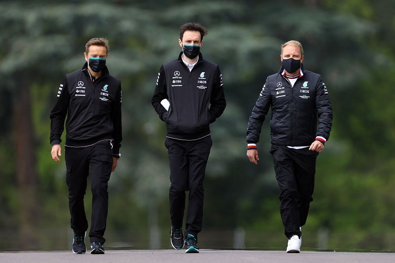 Valtteri Bottas of Mercedes walks the track during previews ahead of the 2021 Imola GP. Photo: Bryn Lennon/Getty Images.