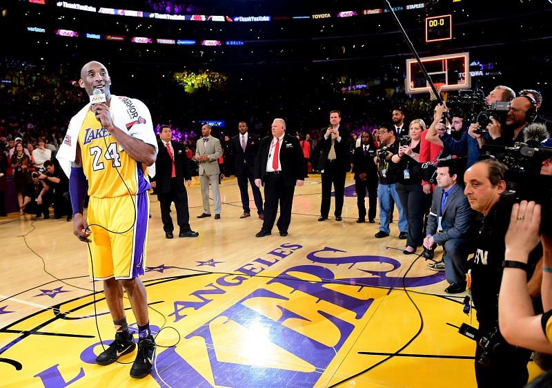 Kobe Bryant #24 addresses the crowd after scoring 60 points in his final NBA game at Staples Center.