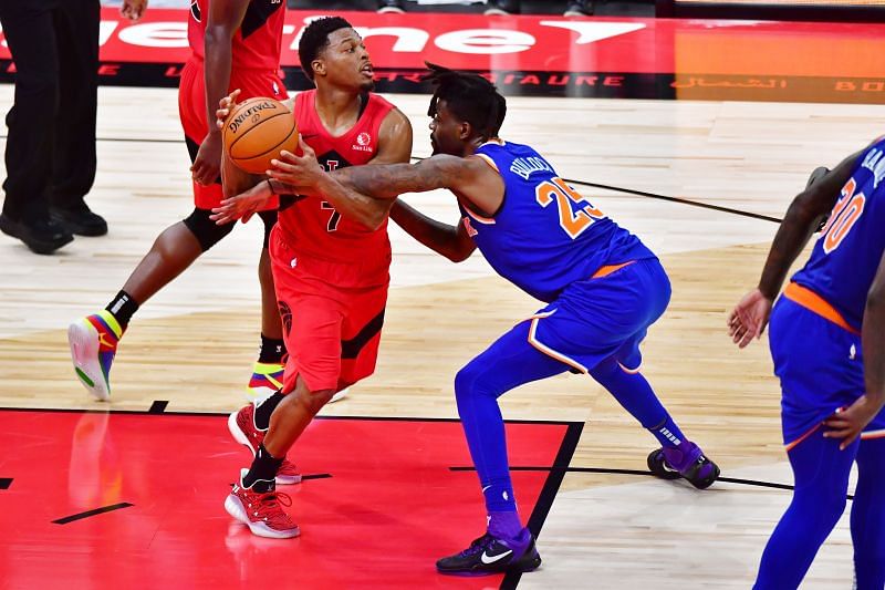 Kyle Lowry of the Toronto Raptors in 2020-21 NBA season action against the New York Knicks