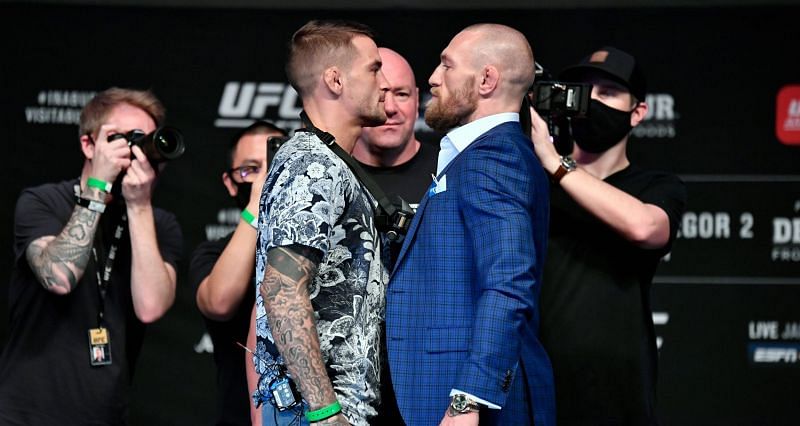 Dustin Poirier and Conor McGregor during UFC 257 pre-fight press conference