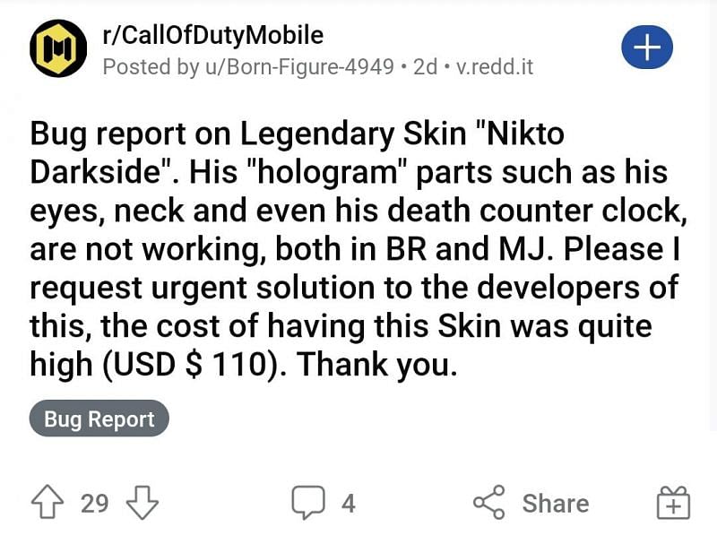 Other users have also reported similar bugs (Image via https://www.reddit.com/r/CallOfDutyMobile/u/Born-Figure-4949)