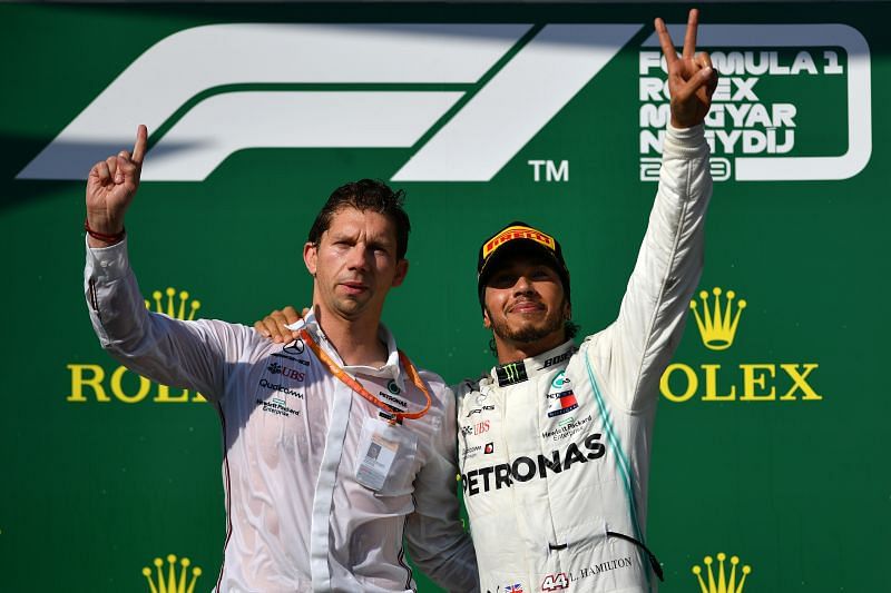 Lewis Hamilton with Mercedes Chief Strategist James Vowles on the podium. Photo: Dan Mullan/Getty Images.