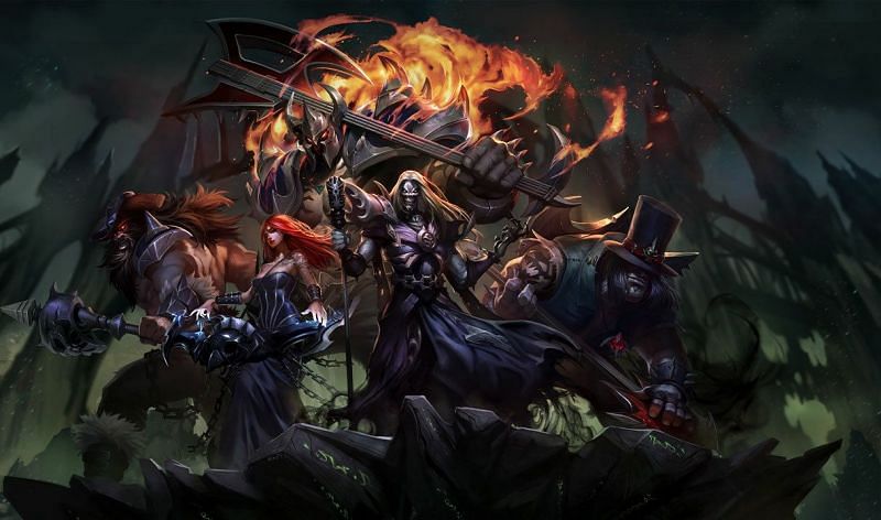 The fictional PENTAKILL band featuring Yorick, Karthus, Sona, Mordekaiser, Kayle, and Olaf (Image via Riot Games - League of Legends)