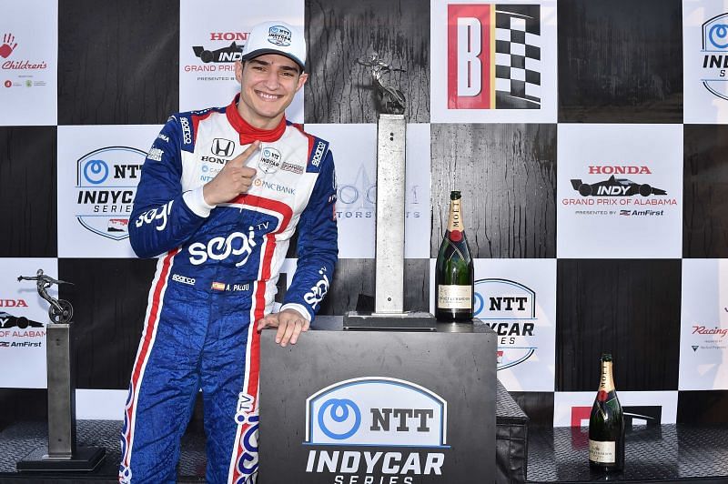 Alex Palou celebrates his first career IndyCar victory. (Photo: Chris Owens / IndyCar used with permission)