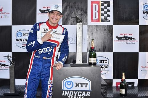 Alex Palou celebrates his first career IndyCar victory. (Photo: Chris Owens / IndyCar used with permission)