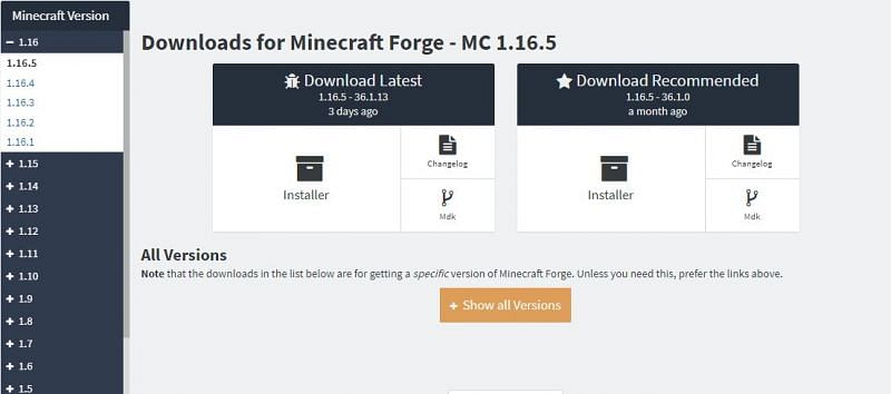 Downloading Minecraft Forge from the official website